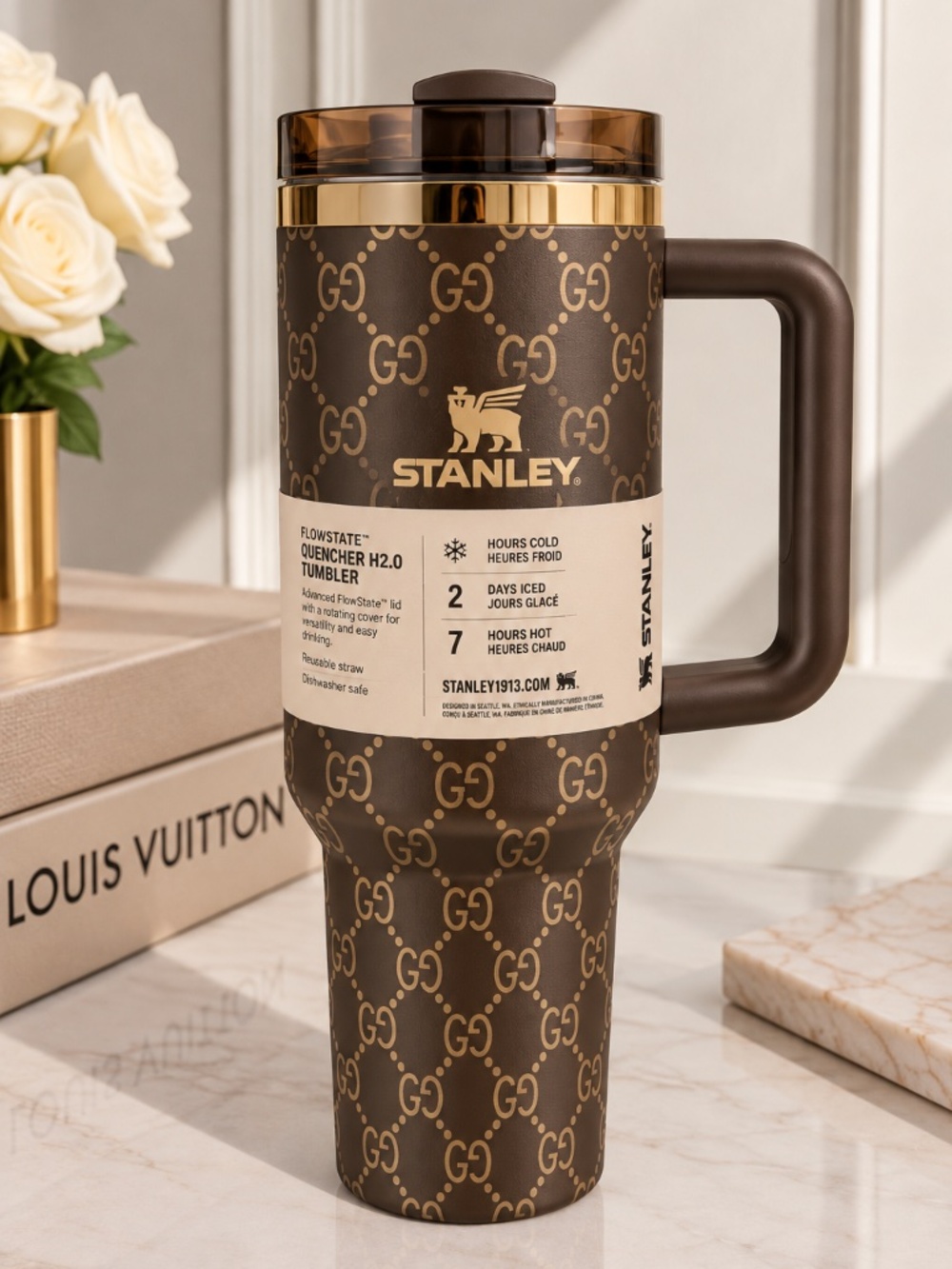 Stanley Chocolate Brown & Gold Patterned Travel Mug with Handle